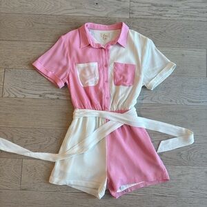 Pink and white romper with pockets size small